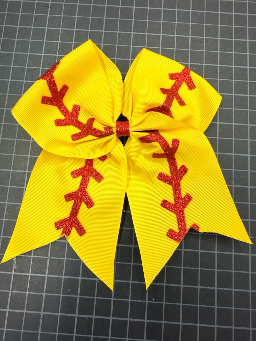 Yellow Cheer Softball Bow with Red Glitter Stitch Detail